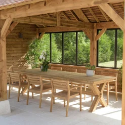 MANY Salons De Jardin·Ensemble Repas|Salon de jardin teck naturel 1 table pieds inclinés 300 cm + 8 fauteuils bois