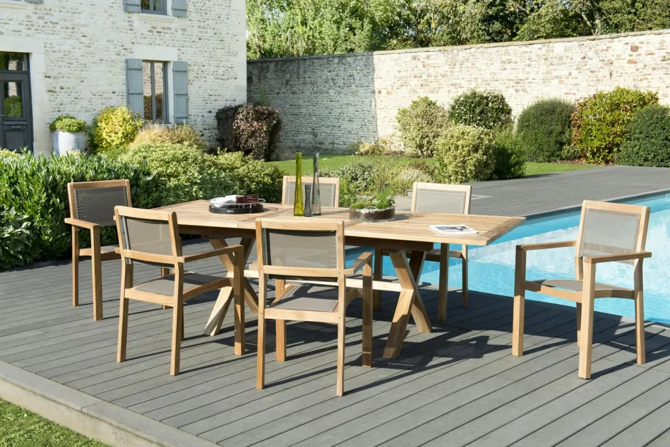 SUMMER Salons De Jardin·Ensemble Repas|Salon de Jardin Teck Table extensible 180/240 + 6 fauteuils empilables ref. 30020851
