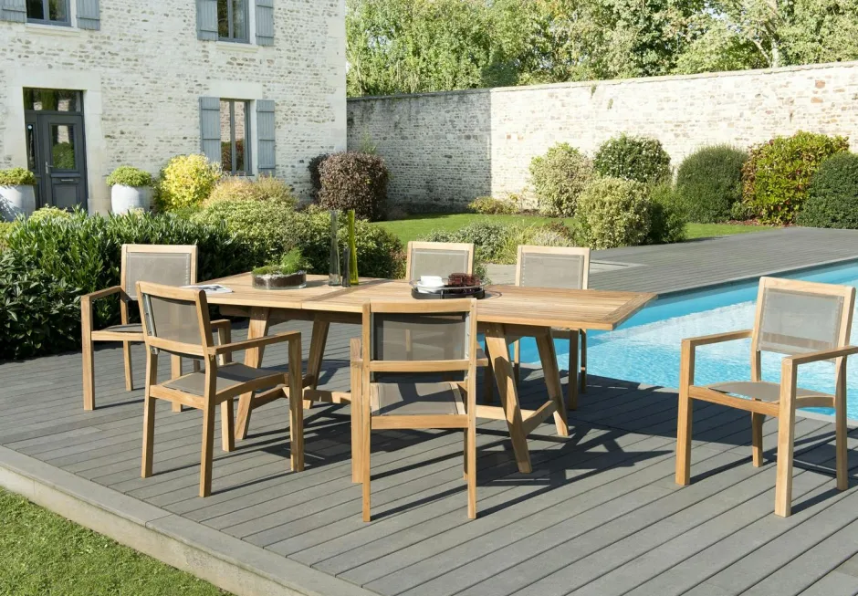 SUMMER Salons De Jardin·Ensemble Repas|Salon de Jardin Teck Table extensible 180/240 + 6 fauteuils empilables ref. 30020850