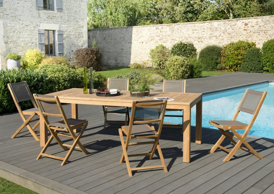Salons De Jardin·Ensemble Repas|Salon de Jardin Teck Table 220x100 + 6 chaises pliantes BERGEN