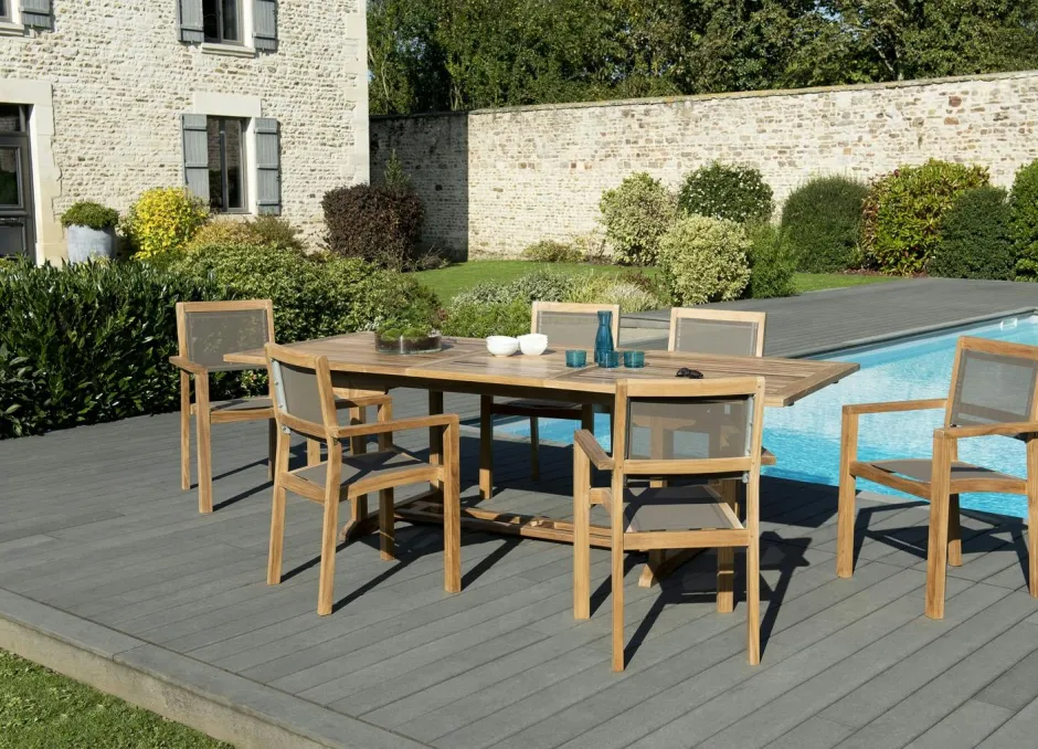 SUMMER Salons De Jardin·Ensemble Repas|Salon de Jardin Teck Table extensible 180/240 + 6 fauteuils empilables ref. 30020846