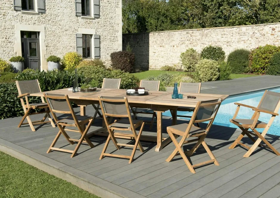 SUMMER Salons De Jardin·Ensemble Repas|Salon de Jardin Teck Table extensible 200/300 + 6 chaises pliantes 2 fauteuils pliants ref. 30020853