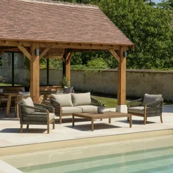 BAHIA Salons De Jardin·Salons Détente|Salon détente 4 places acacia naturel et cordage vert avec coussins