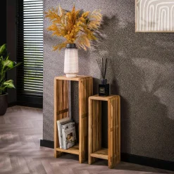 OTTAWA Sellettes En Métal|Tables D'Appoint Rondes|Sellette bois ronde mosaïque de teck