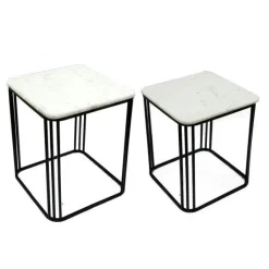 Sellettes En Métal|Tables D'Appoint En Métal|Sellette carrée plateau en marbre (lot de 2)