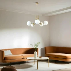 SIERRE Suspensions / Lustres|Suspension art déco dorée, 5 globes verre dépoli