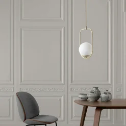 SIERRE Suspensions / Lustres|Suspension design dorée 1 globe verre dépoli sur cadre