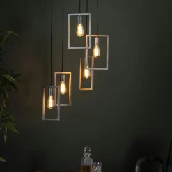 RALF Lampes À Poser·Lampe Style Industriel|Suspensions / Lustres|Suspension industrielle 5 lampes graphiques étagées argent vieilli