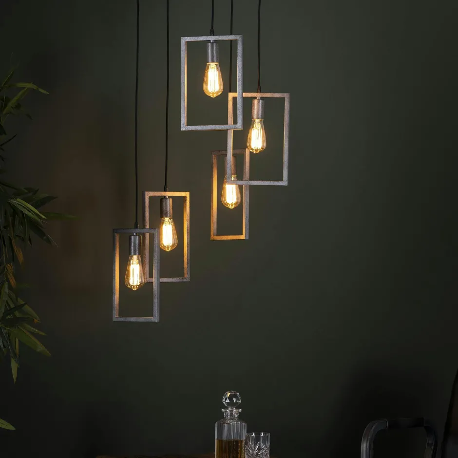 RALF Lampes À Poser·Lampe Style Industriel|Suspensions / Lustres|Suspension industrielle 5 lampes graphiques étagées argent vieilli