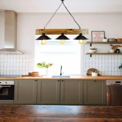 CAMOGLI Suspensions / Lustres|Suspension industrielle bois métal, 3 abat-jour noirs