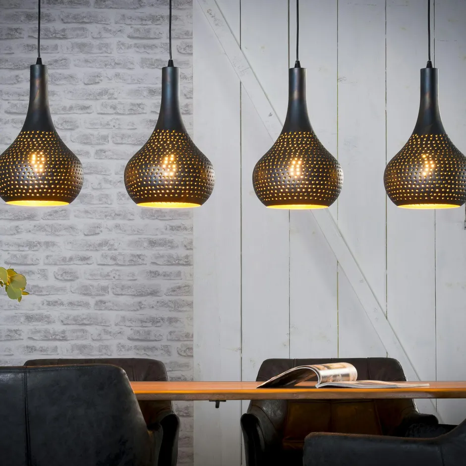 Java Suspensions / Lustres|Suspension luminaire noir 4 lampes métal ajouré 130 cm