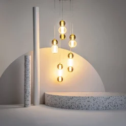 ADA Suspensions / Lustres|Suspension verre taillé, 5 abat-jour suspendus dorés