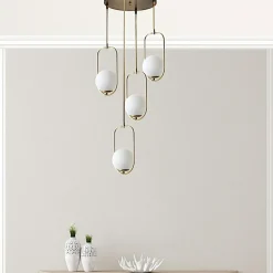 SIERRE Suspensions / Lustres|Suspension vintage cuivrée 4 globes blancs sur cadres