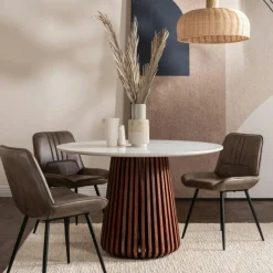 AVENTIN Tables À Manger Rondes|Tables À Manger En Bois|Table à manger en marbre et bois d'acacia massif 120 cm