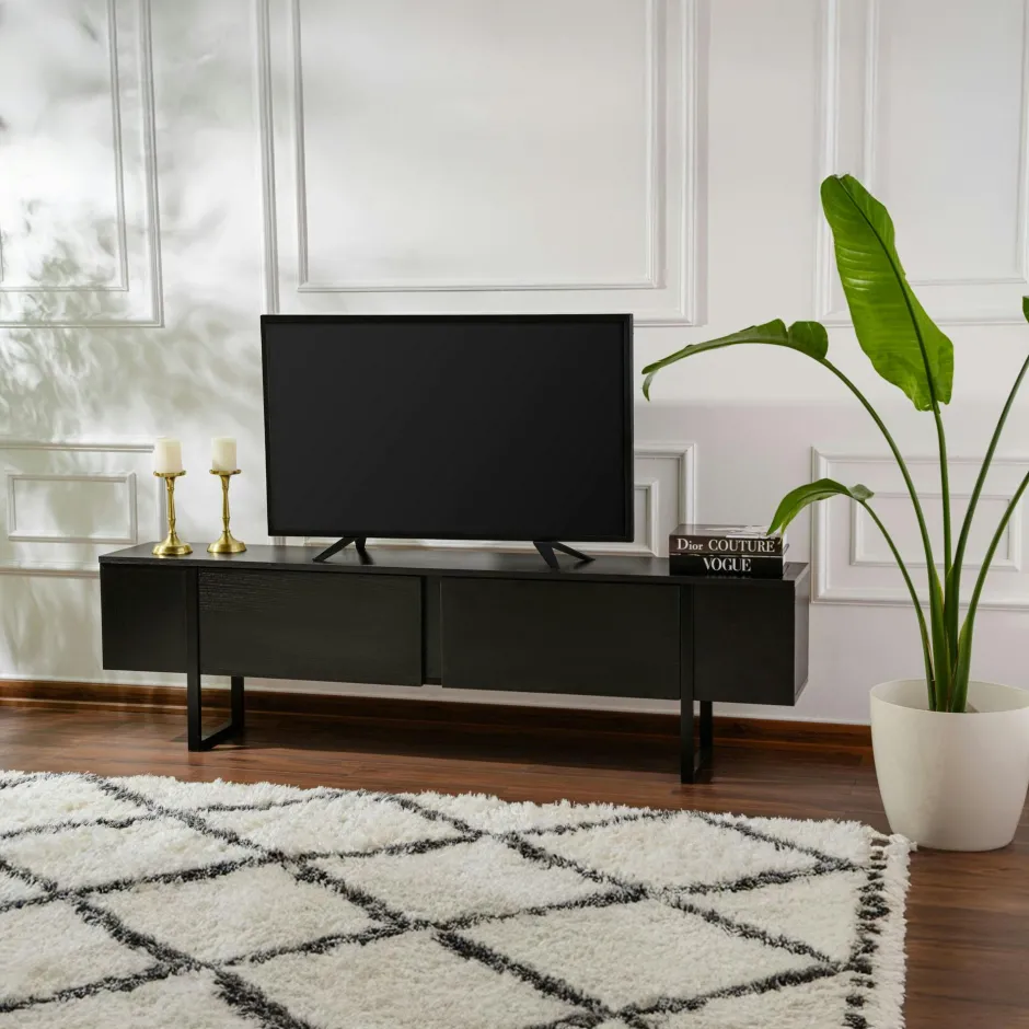 MARFA Tables À Manger En Bois|Table à manger moderne noire effet bois pieds en V 180 cm