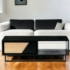 ANINA Tables Basses Design|Tables Basses À Tiroirs|Table basse 1 tiroir 1 niche bois noir et blanc