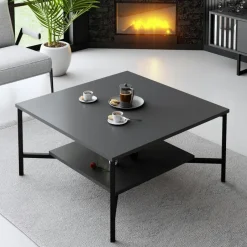 JENA Tables Basses Carrées|Table basse carrée anthracite, 2 plateaux pieds noirs