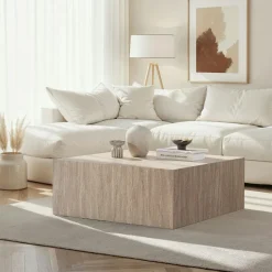 MARFA Tables Basses Carrées|Table basse carrée effet travertin roulettes invisibles