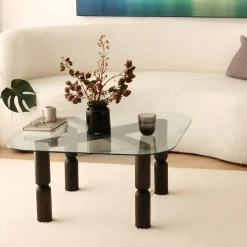 BOMA Tables Basses En Verre|Tables Basses Carrées|Table basse carrée en verre - pieds bois marron sculpté