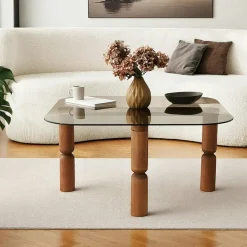 BOMA Tables Basses En Verre|Tables Basses Carrées|Table basse carrée en verre fumé - pieds bois marron sculpté