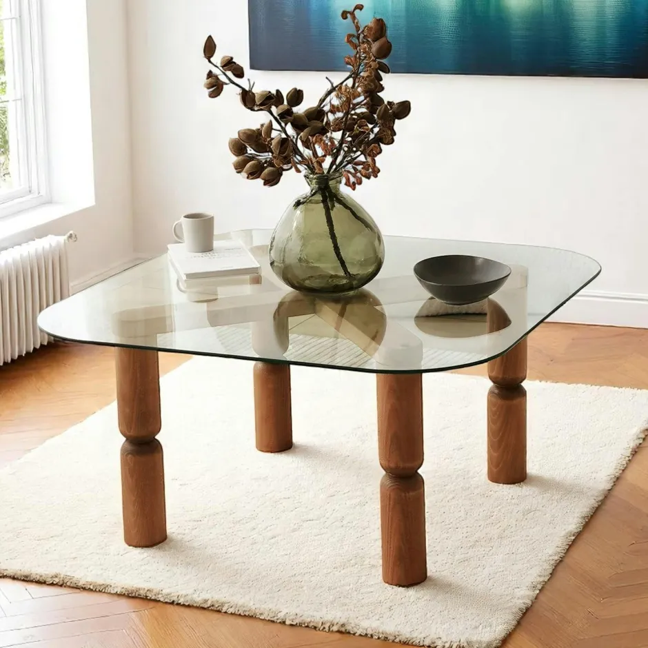 BOMA Tables Basses En Verre|Tables Basses Carrées|Table basse carrée en verre - pieds bois sculpté