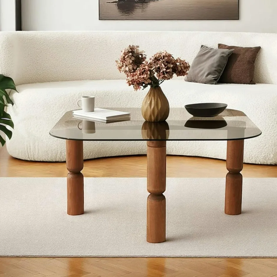 BOMA Tables Basses En Verre|Tables Basses Carrées|Table basse carrée en verre - pieds bois sculpté