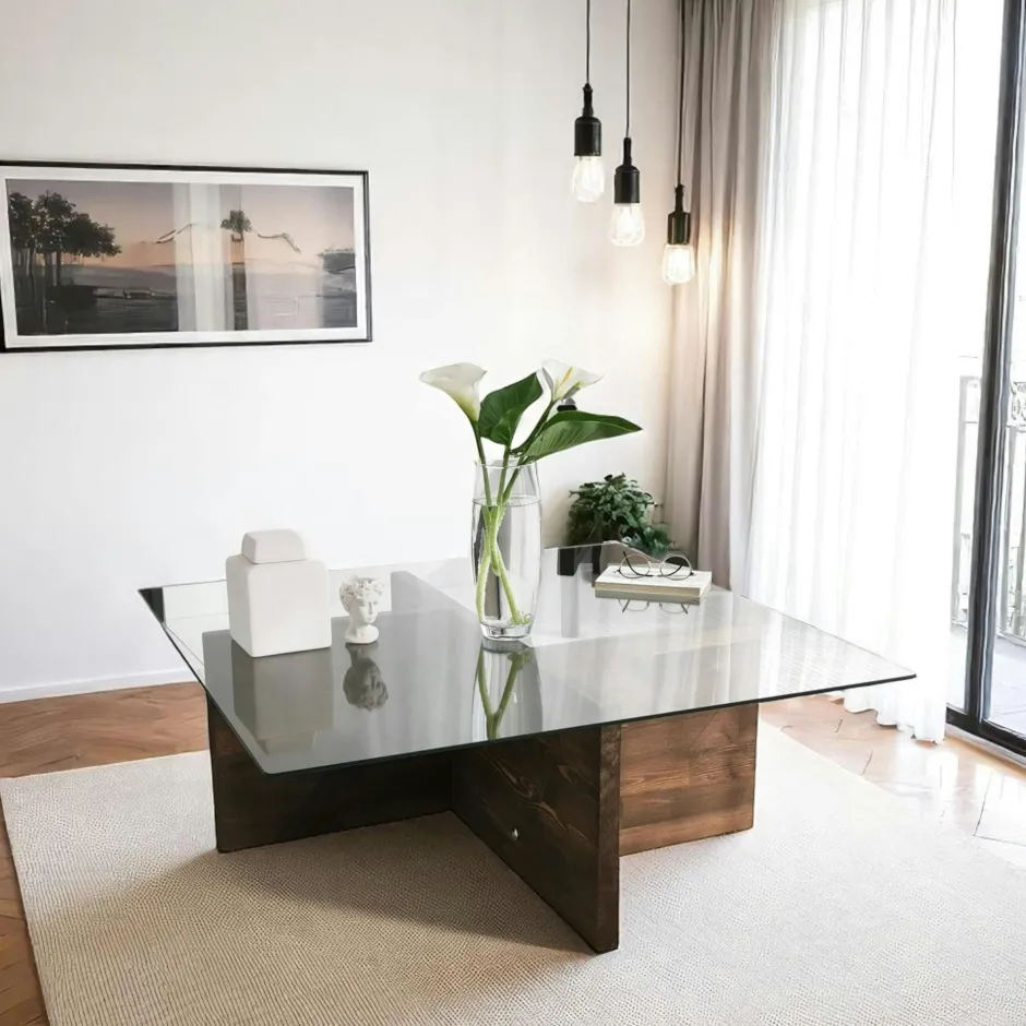 LHASA Tables Basses En Verre|Table basse carrée verre et bois brun - base croisée