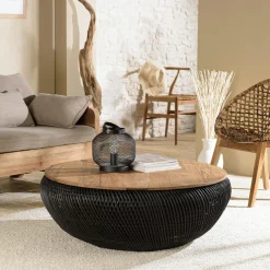 Swing Tables Basses Rondes|Table basse coffre ronde rotin noir et teck recyclé 100 cm