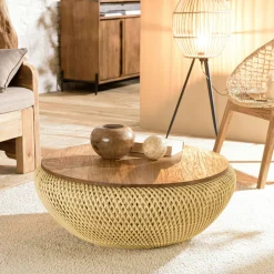 Swing Tables Basses Rondes|Table basse coffre ronde rotin beige et teck recyclé 81 cm