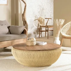 Swing Tables Basses Rondes|Table basse coffre ronde rotin beige et teck recyclé 100 cm