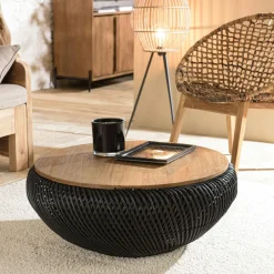 Swing Tables Basses Rondes|Table basse coffre ronde rotin noir et teck recyclé 81 cm