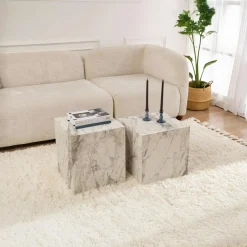 MARFA Tables Basses Carrées|Tables Basses Gigognes|Table basse cube effet marbre blanc - style design (2 pièces)
