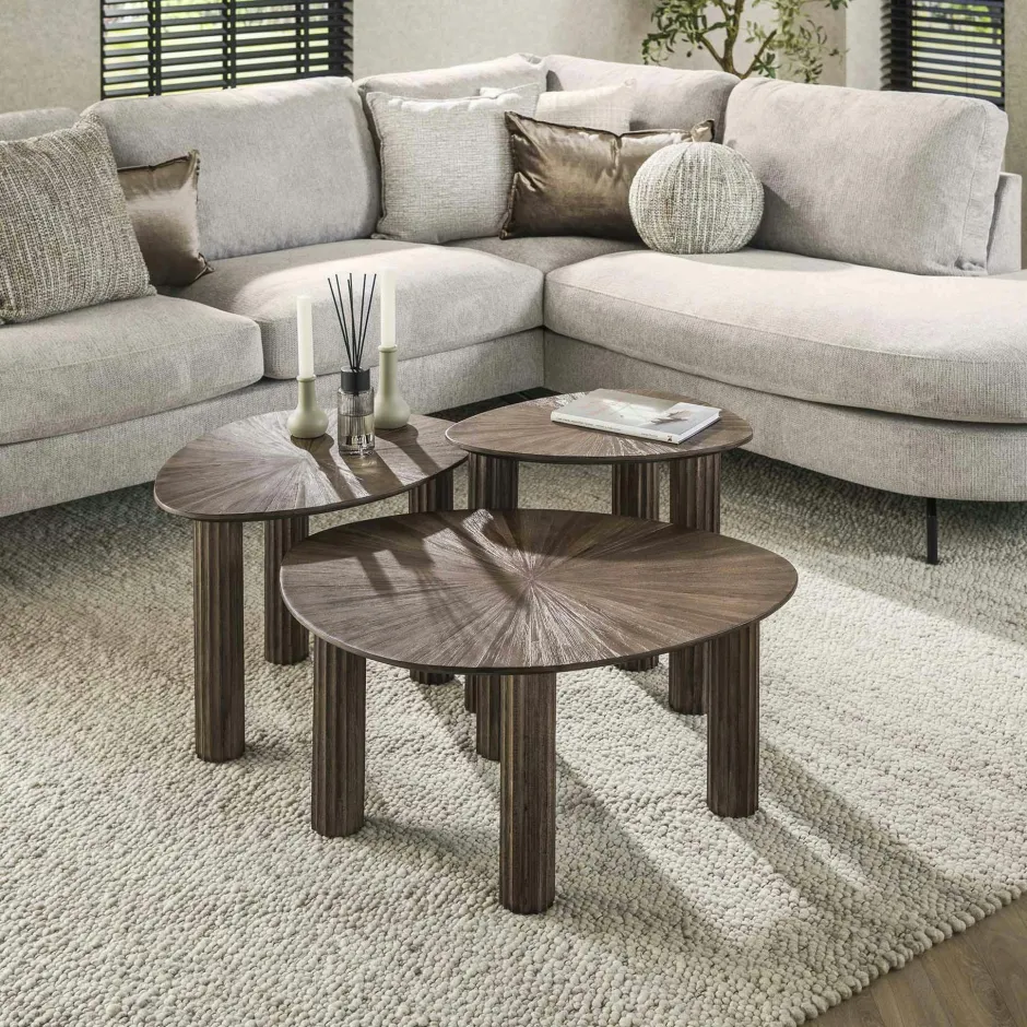 YOGY Tables Basses Design|Tables Basses Gigognes|Table basse design en bois de teck avec plateau étoilé (lot de 2)