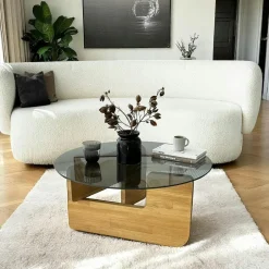 ANZIO Tables Basses En Verre|Tables Basses Rondes|Table basse design en verre fumé - pied bois brun