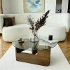 ANZIO Tables Basses En Verre|Tables Basses Rondes|Table basse design en verre - pied bois brun