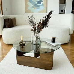 ANZIO Tables Basses En Verre|Tables Basses Rondes|Table basse design en verre fumé – pied bois clair