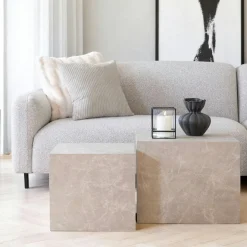 TRINITE Tables Basses Carrées|Tables Basses Gigognes|Table basse effet marbre beige - set de 2 cubes design
