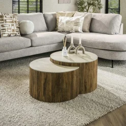 ASCOLI Tables Basses Gigognes|Table basse en bois de manguier et céramique, forme lune (lot de 2)