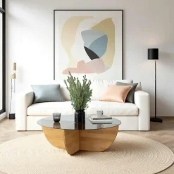 ANZIO Tables Basses En Verre|Tables Basses Rondes|Table basse en verre – pied croix bois brun, 90 cm