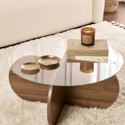SALTA Tables Basses En Verre|Tables Basses Rondes|Table basse en verre - pied en croix effet noyer