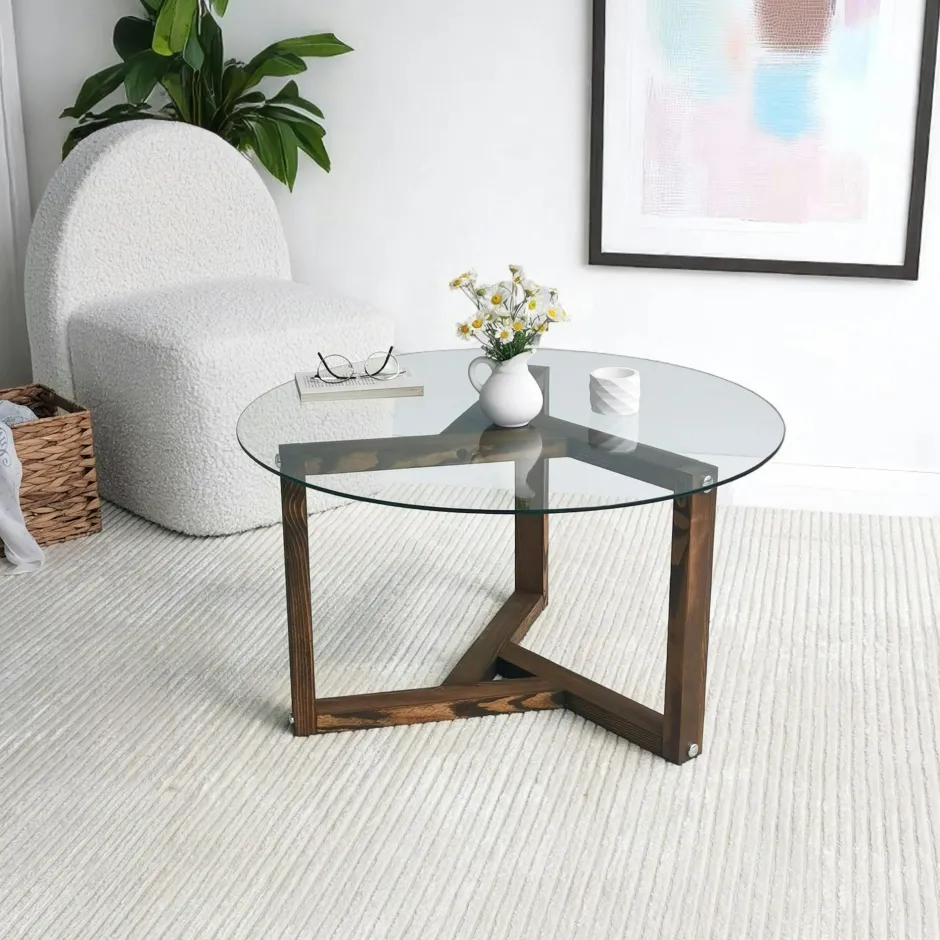 ANZIO Tables Basses En Verre|Tables Basses Rondes|Table basse en verre - pied 3 branches, bois brun