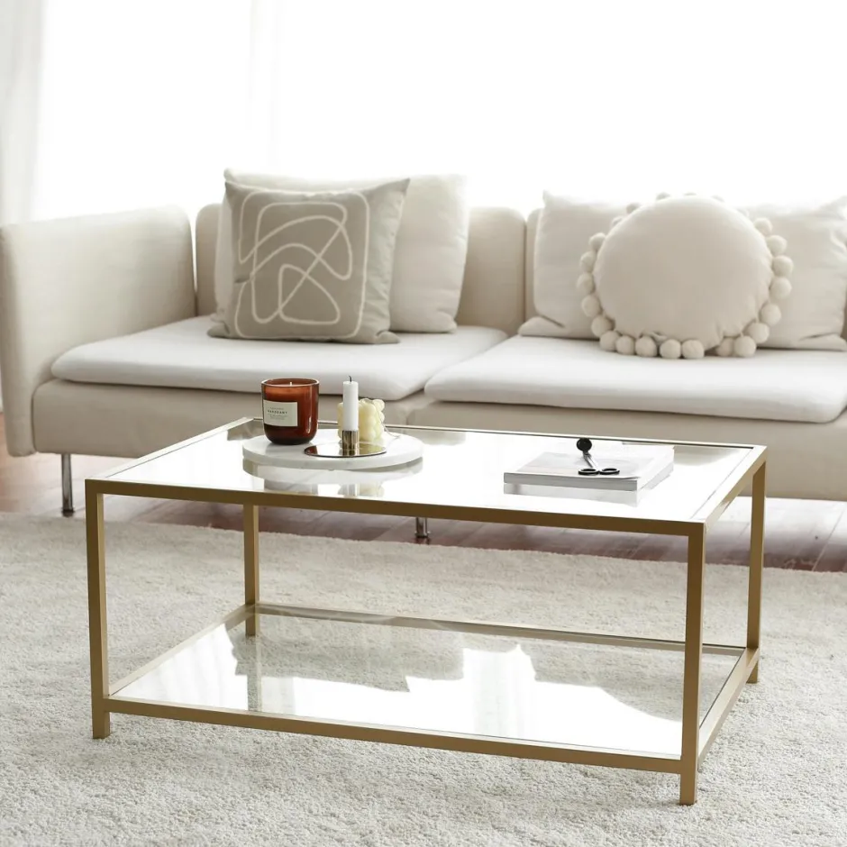TULUM Tables Basses En Verre|Table basse en verre 2 plateaux, structure dorée