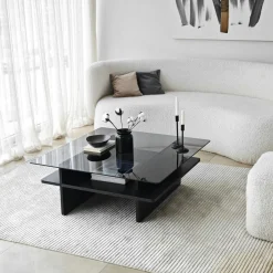 SALTA Tables Basses En Verre|Tables Basses Carrées|Table basse en verre carrée, base effet bois