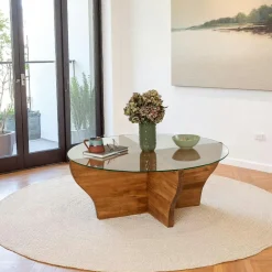 ANZIO Tables Basses En Verre|Tables Basses Rondes|Table basse en verre et bois marron - pied en X,