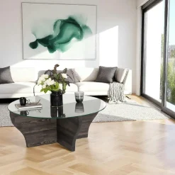 ANZIO Tables Basses En Verre|Tables Basses Rondes|Table basse en verre et bois marron - pied en X,