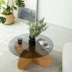 ANZIO Tables Basses En Verre|Table basse en verre fumé – pied en croix bois clair