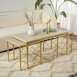 JENA Tables Basses Gigognes|Table basse gigogne effet travertin pied doré (lot de 3)