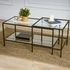 TULUM Tables Basses En Verre|Tables Basses Gigognes|Table basse gigogne en verre à cadre noir (lot de 2)