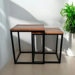 BORA Sellettes En Métal|Tables Basses Gigognes|Table basse gigogne époxy lagon et bois d'acacia (lot de 2)