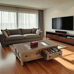 Tradition Tables Basses À Tiroirs|Table basse Hévéa 4 tiroirs, plateau bois avec 2 parties en verre 120x64x40cm